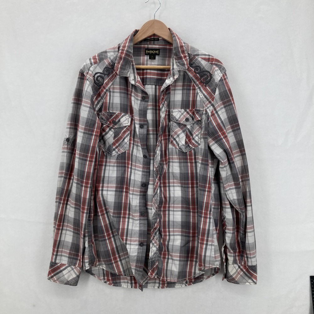 Helix Shirt Mens Large Gray Red Plaid Long Sleeve Athletic Fit Flap Grunge Y2K